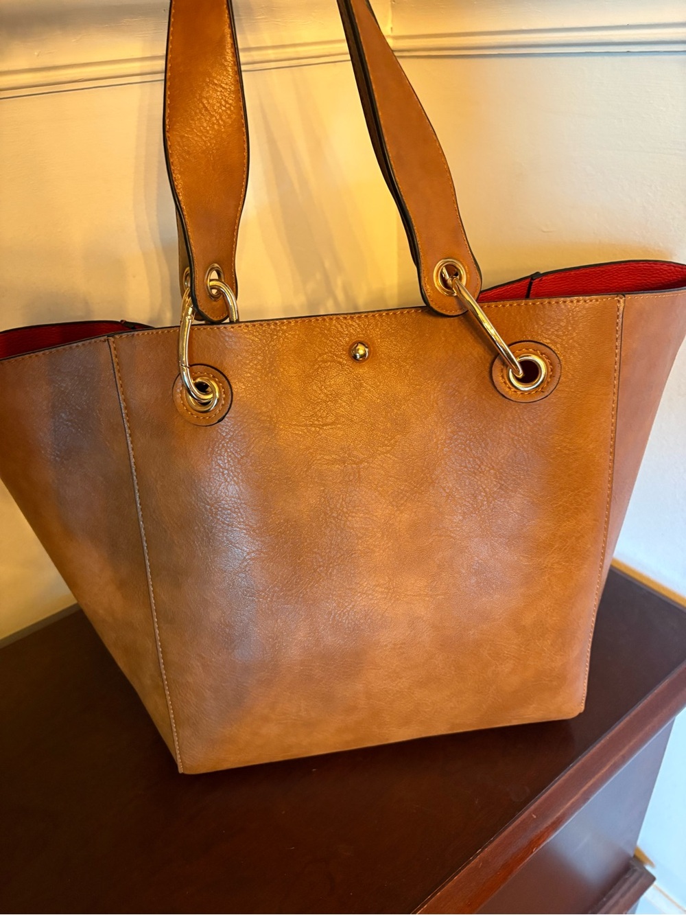 Tan Handbag with Gold Hardware